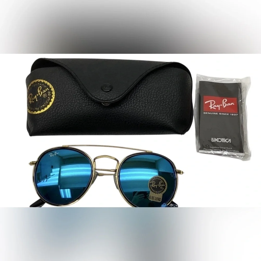 NWOT Ray-Ban Gold Frame Sunglasses with Blue Lenses - Picture 2 of 8